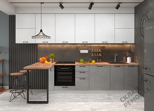 Фото Кухня ДСВ Лофт штукатурка белая/штукатурка серая – купить в Луганске: цена, описание, фото. Интернет-магазин 2